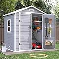 VONZOY 6x4.5 FT Resin Outdoor Storage Shed with Floor, Plastic Garden Shed, Lockable Door & Window, Waterproof Tool Shed for Bike, Garbage Can, Lawn Mower, Patio Furniture Grey White