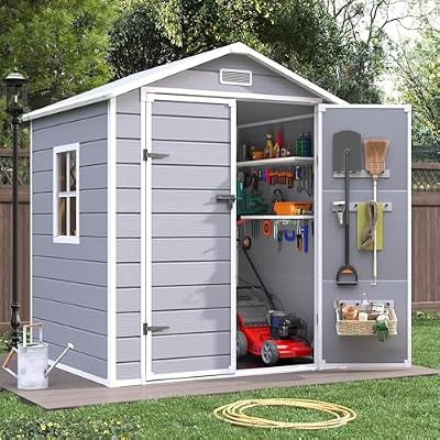 VONZOY 6x4.5 FT Resin Outdoor Storage Shed with Floor, Plastic Garden Shed, Lockable Door & Window, Waterproof Tool Shed for Bike, Garbage Can, Lawn Mower, Patio Furniture Grey White