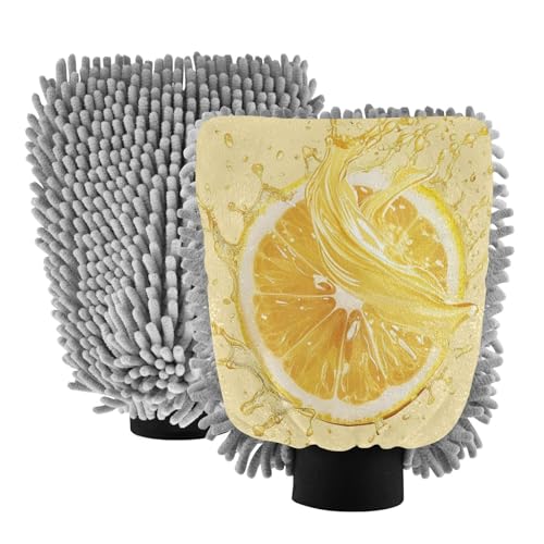 ALAZA Lemon Juice Car Wash Mitt Scratch Free, 2 Pack Absorbent Microfiber/Chenille Washing & Drying Mitts, L