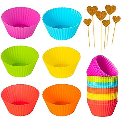 Gyvazla Set of 36 Reusable Silicone Baking Cups, Non-stick Cake Molds Sets, with 6pcs Cake Decorating Cake Toppers Heart Shaped Cover