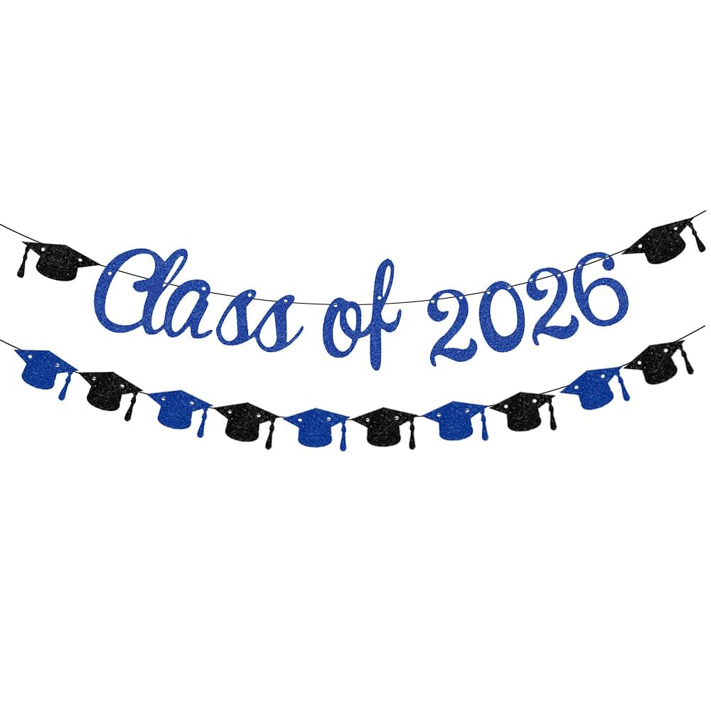 Class of 2026 Banner Black Gold Glitter Congrats Grad Caps Garland for 2026 High School College Graduation Party Decorations