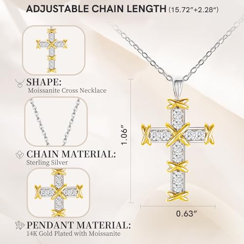 Image of URTHEONE Moissanite Cross Necklace for Women, 925 Sterling Silver 14KGold Plated Necklaces with Sparkling Moissanite Pendant, Faith Women's Jewelry, Trendy Gift for Women Mom Friend