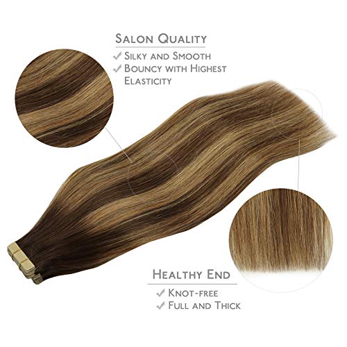 Image of WENNALIFE Tape in Hair Extensions Human Hair, 20pcs 30g 10 inch Balayage Chocolate Brown to Caramel Blonde Remy Hair Extensions Straight Human Hair Tape in Extensions Skin Weft Tape Extensions