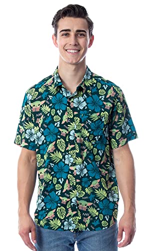 Star Wars Men's The Mandalorian Grogu Baby Yoda Leaves Hawaiian Button Up Shirt4