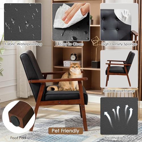 Image of STHOUYN Accent Chairs Set of 2, Leather Chair with Wood Frame (2) | STHOUYN, Upholstered, Tufted, Comfy, Reading Arm Chair, Mid-Century Modern, Living Room, Waiting Room, Office