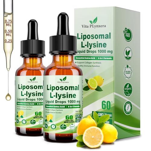 2 Pack L-Lysine 1000mg Liquid Drops w. Monolaurin Olive Leaf Extract Vitamin C D3 & Zinc, 6-in-1 Essential Amino Acid for Immune Collagen Lip & Oral Health, Liposomal Lysine for Better Absorption