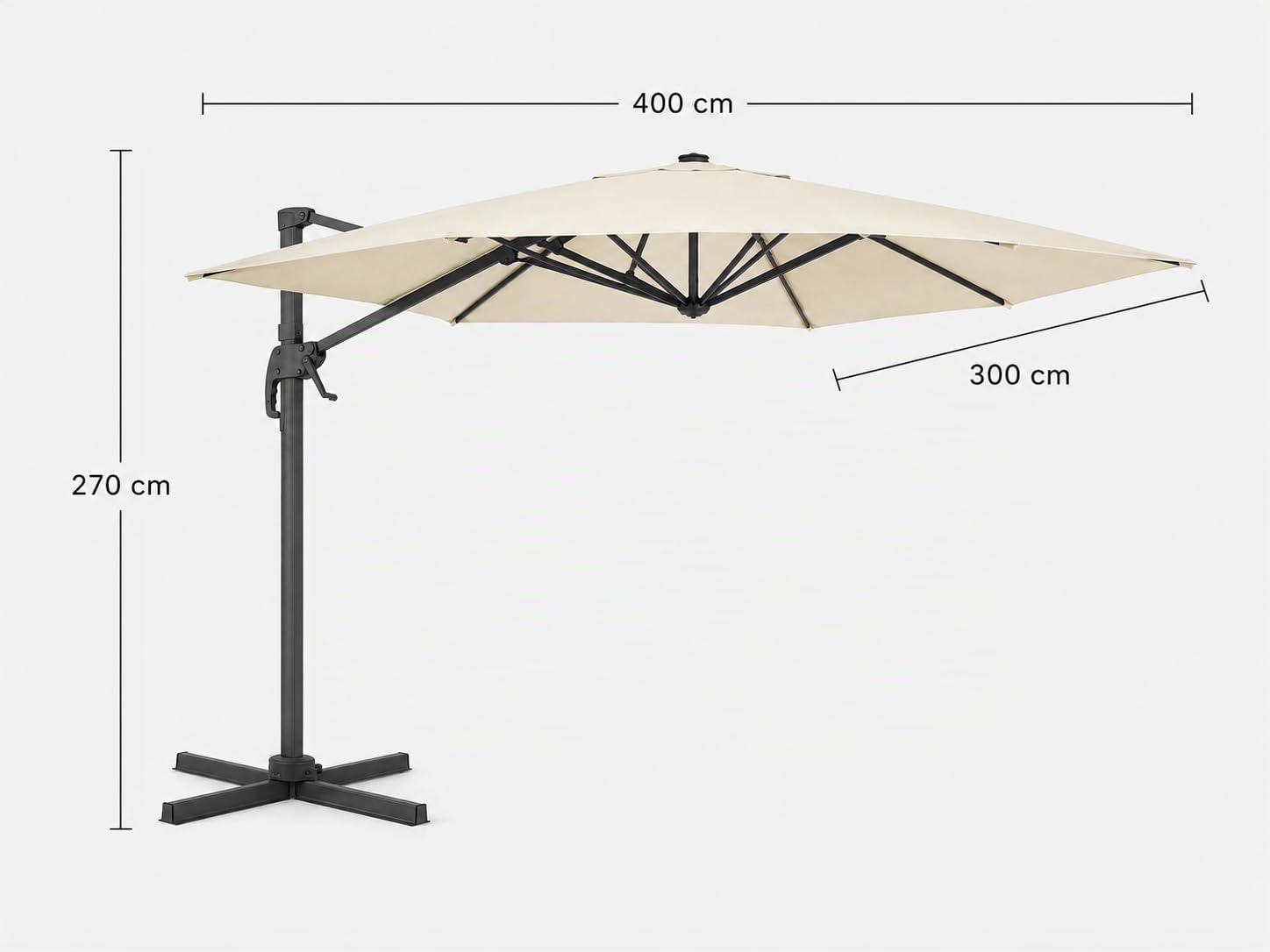 Ombrellone Girevole 360° 4X3 M Decentrato Rettangolare Rotante Con Struttura In Alluminio E Braccio In Acciaio Base a Croce E Custodia Inclusa Per Giardino Terrazza Patio E Piscina Ecrù