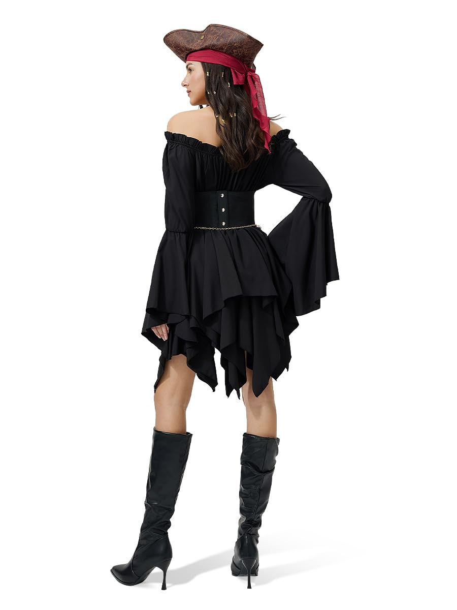 Costume pirate femme, robe à épaules dénudées avec corset, foulard & ceinture, chaîne de taille dorée coquillage + perles dreadlocks, déguisement carnaval adulte & soirée à thème