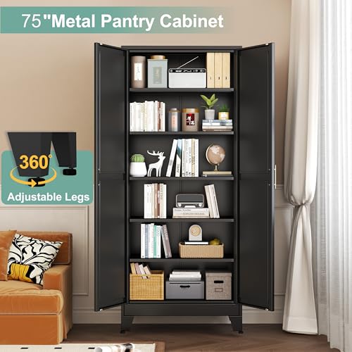 Image of Metal Pantry Cabinet with 2 Doors and 5 Adjustable Shelves, 75 inchKitchen Storage cabinets with Gold Handles, Versatile Storage for Laundry Room, Living Room, Bathroom, Dinning Room, Utility Room-Black