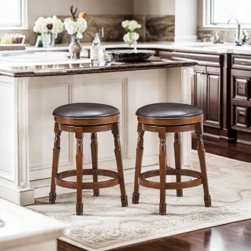 ERGOMASTER-Bar-Stools-Set-of-2-Swivel-Barstools-24-Inch-Counter-Height-Bar-Stools-Backless-Sturdy-Solid-Wood-Chairs-with-Soft-Faux-Leather-Seat-Easy-Assemble-for-Kitchen-Pub-Home-Cafe-Walnut ERGOMASTER Bar Stools Set of 2 Swivel Barstools 24 Inch Counter Height Bar Stools Backless Sturdy Solid Wood Chairs with Soft Faux Leather Seat Easy Assemble for Kitchen Pub Home Cafe Walnut
