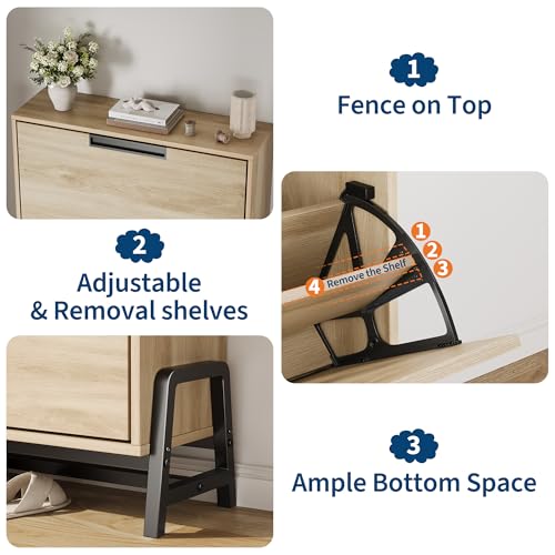 GarveeHome Shoe Storage Cabinet with 2 Flip Drawers, Freestanding Shoe Organizer with Metal Legs, Narrow Shoe Rack Cabinet for Entryway, Foyer, Hallway, Living Room, Oak