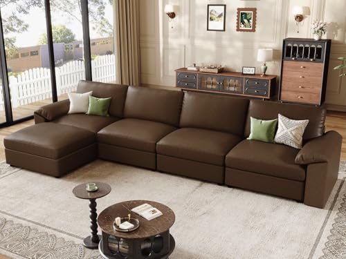 Image of EASE MOOSE Oversized Modular Sectional Sofa,Leather Sectional Couch with Deep Seat,Extra Large L Shaped Couch,Classic Comfy Scratch Resistant Faux Leather Material Sofa for Living Room,Deep Brown
