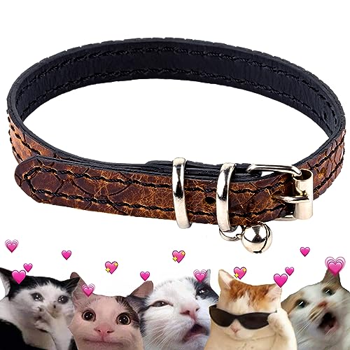 FAVPET Lujo Collar para Gato de Cuero Genuino con Campana, Collares para Gatos Clásico Hecho a Mano, Collar de Gatito,...