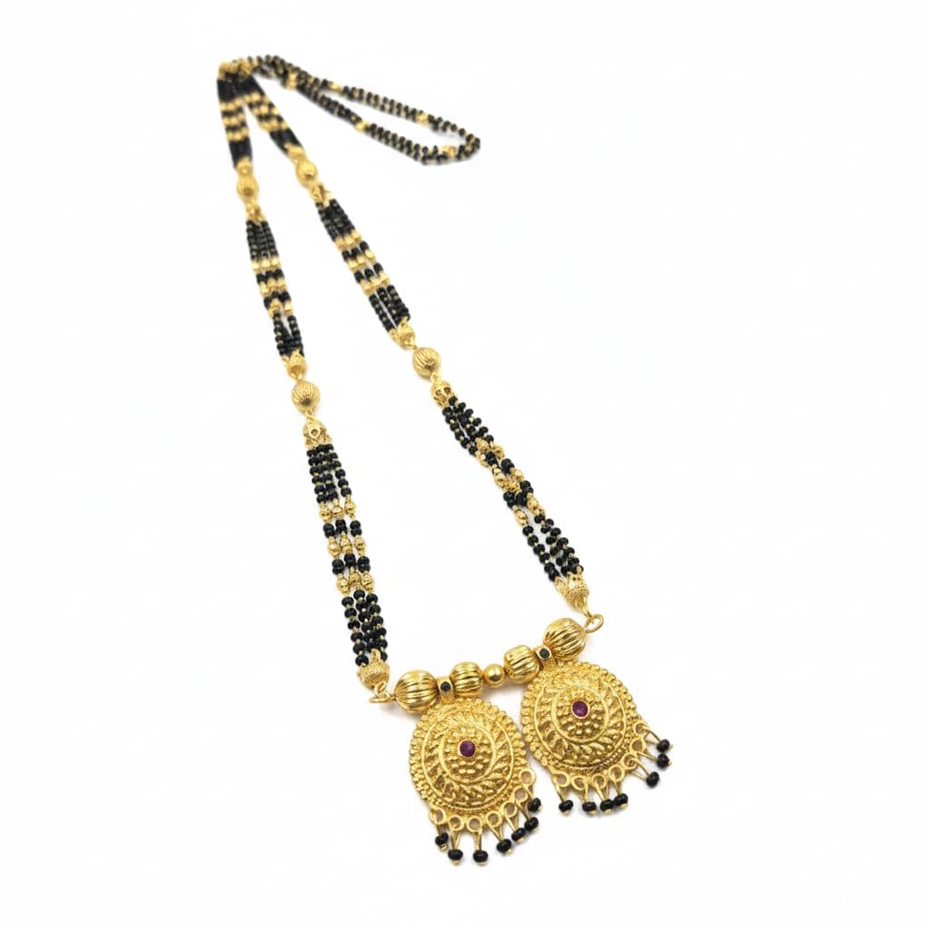 Gold Plated 34 Inch Extra Long Black Bead Lamba Vala Maharashtrian 2 Vati Designe Mani Mangalsutra-image-18