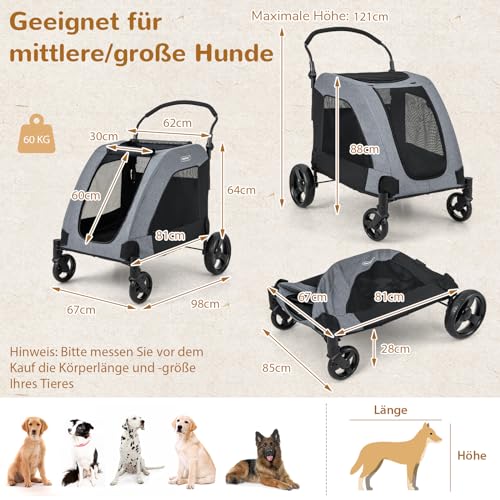 COSTWAY Hundewagen, Hundebuggy klappbar, bis 60 kg, Haustierwagen mit Vordertür & Netzfenstern & Griff, Haustiere Buggy Hundetrolley, für mittelgroße große Hunde Katzen, Grau, 67x98x121cm