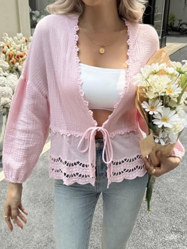 Tankaneo Womens Deep V Neck Tie Front Blouse Cotton Long Puff Sleeve Eyelet Tops Cute Lace Trim Flowy Ruffle Shirts4