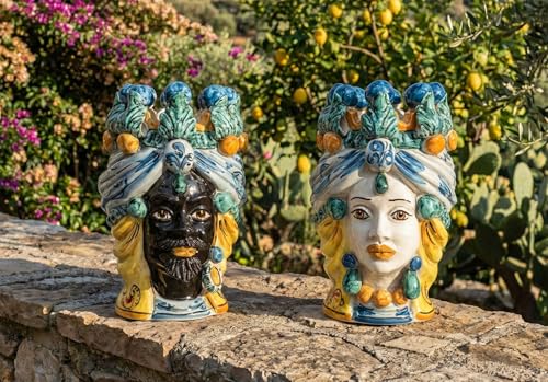 ILAB Coppia teste di moro in ceramica siciliana di caltagirone realizzate e decorate a mano artigianalmente blu siciliano