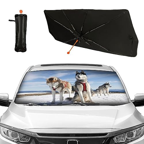 車用サンシェード シベリアンハスキー かわいい犬 犬柄 サンシールド 傘型 暑さ対策 カーサンシェード 車ガラス用 強化8本骨 アニメ 車用パラソル 遮光 断熱 車内冷却 日焼け防止 UVカット 劣化防止 日よけ 収納ポーチ付き 使いやすい 簡単着脱 収納