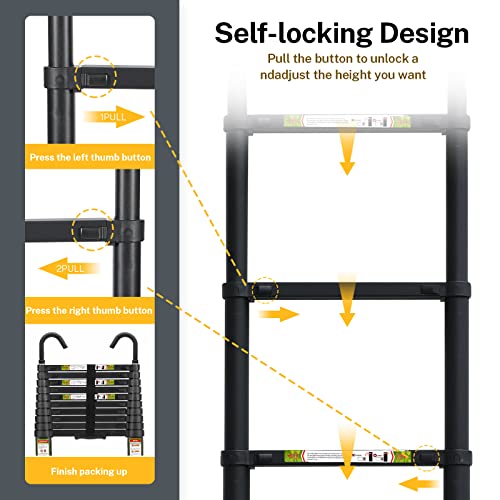 Telescopic Ladder, 10.5Ft Rikade Aluminum Telescoping Ladder With Non-Slip Feet And Stable Hook, Portable Extension Ladder For Household And Outdoor Working, 330Lb Capacity #TOP4