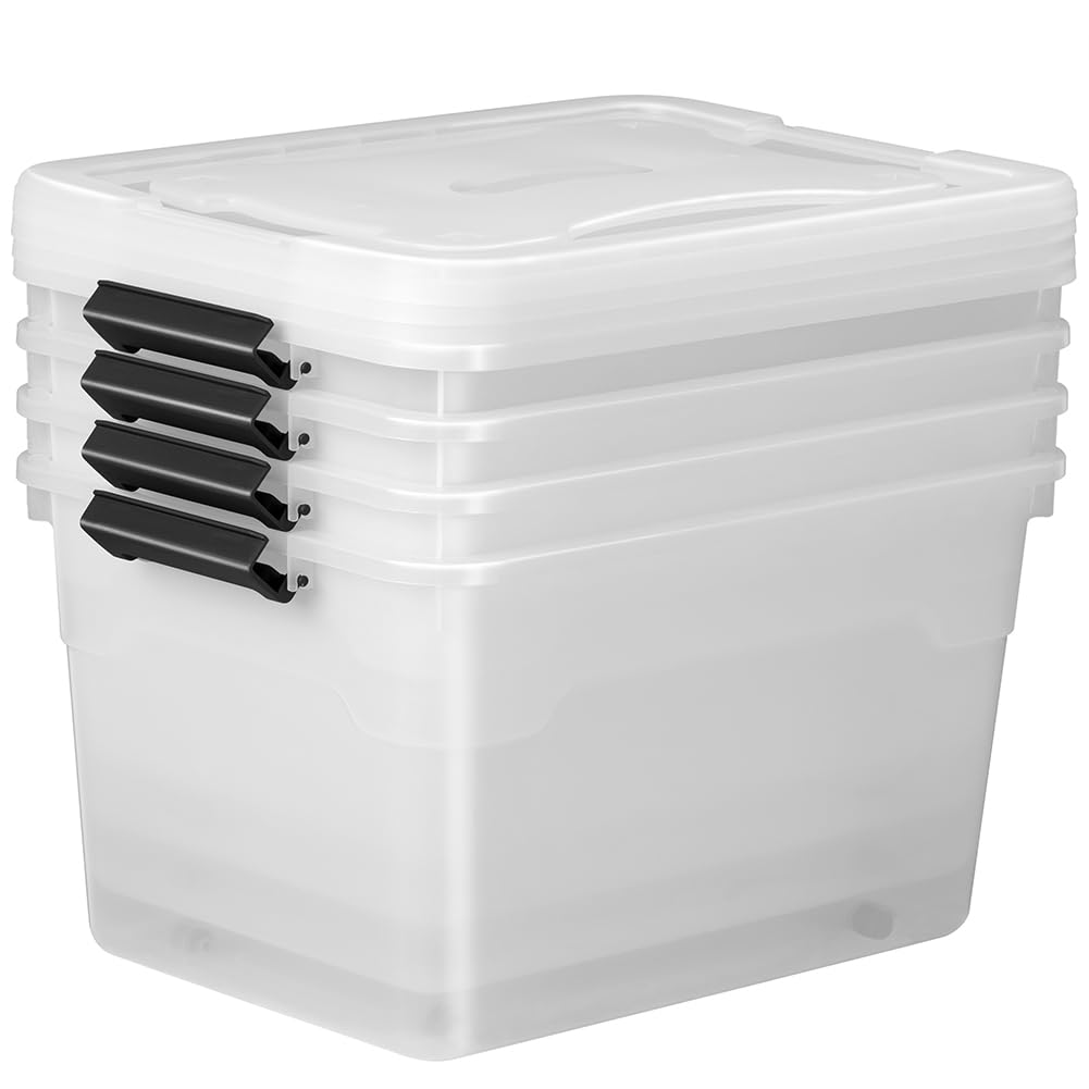 BAKAJI Set 4 Contenitori con Coperchio per Vesiti in Plastica con Ruote, Portaoggetti Impilabile per Stoccaggio Vestiti, Scatole per armadio, Giocattoli, Libri, Salvaspazio (4 x 60 Lt Alto)