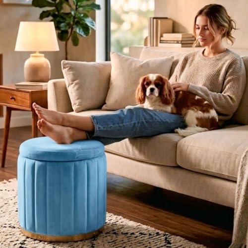 Image of Superior Round Storage Ottoman Stool 13 X 13X 16 inch, with Gold Metal Base | Elegant Pouffe with Secret Storage | Cushioned Footrest for Living Room, Bedroom, and Lounge Sky Blue