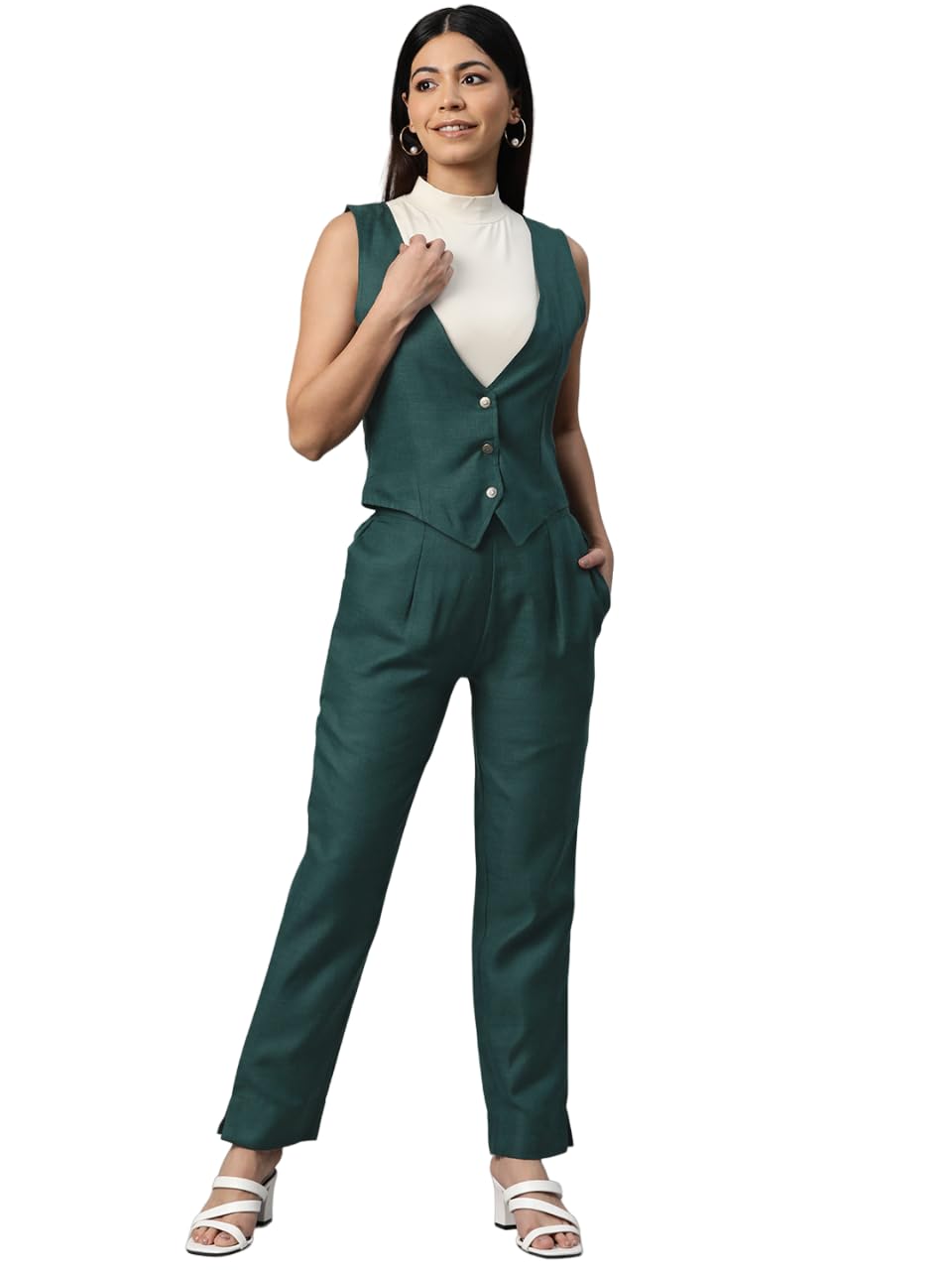 Women Solid Green Waistcoat Suit Set-image-32