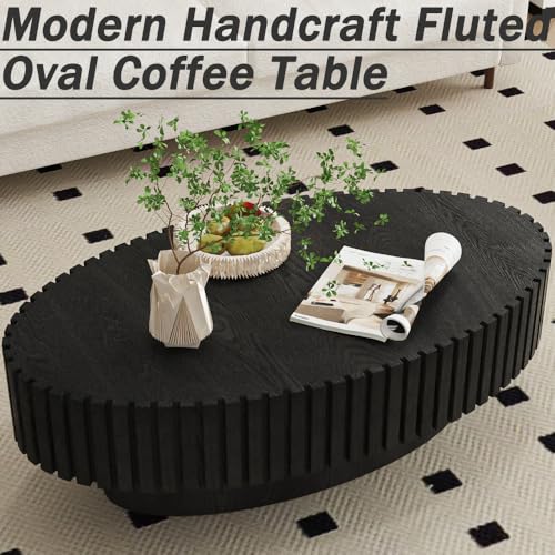 Wxnnx Ovaler Couchtisch Modern Handgefertigt mit Fluted Design und Stabilem Sockel Ellipsen Trommeltisch für Wohnzimmer Kleine Räume, Einfacher Aufbau – Bild 4