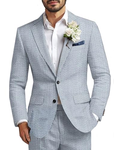 Men Seersucker Blazer Notched Lapel Flap Pocket Two Buttons Single Breasted Lightweight Double Vents