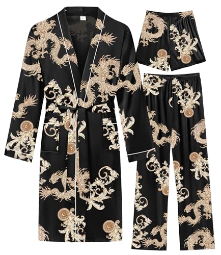 Image of SWOMOG Mens 3 PCS Satin Robe with Pants & Shorts Set Kimono Bathrobe Long Sleeve Sleepwear Pjs Sets with Pockets
