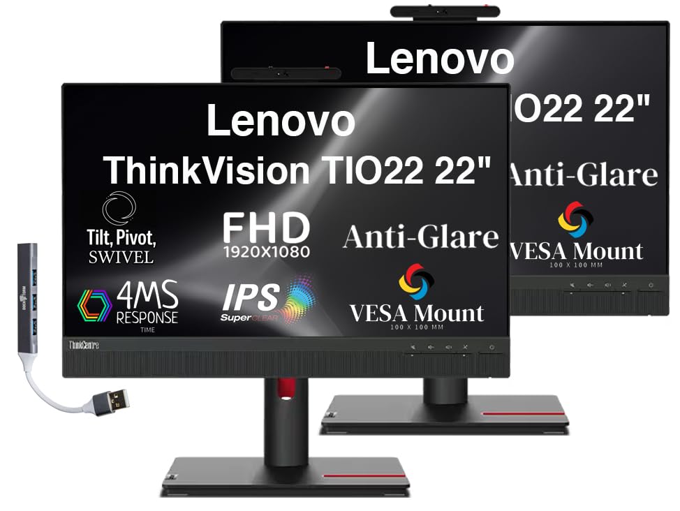 Image of Lenovo 22 inch FHD IPS Monitor with 4ms Response Time, Anti-Glare, 250 nits Brightness, VESA Mount (100 x 100mm), Displayport, HDMI & Dockztorm USB Port Expander, Black Color 2 Pack