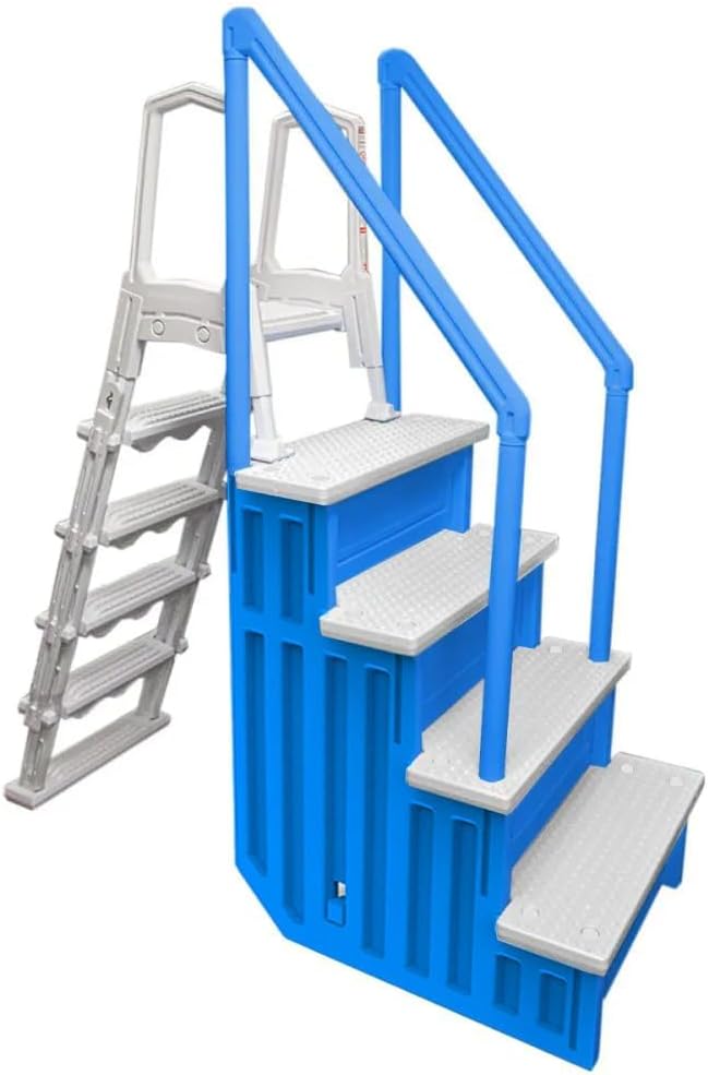 Aqua Select Anti-Slip in-Pool Steps with Outside Flip-Up Ladder | Blue/White Steps | for Above Ground Swimming Pools | Can Mount to Decks 48" to 54" H | Safety Stairs Capacity Up to 350 lbs