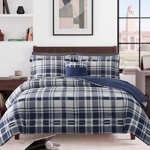 MaiRêve Full Size Comforter Set Navy Blue, Plaid Design Comforter Set 7 Pieces, All Season...