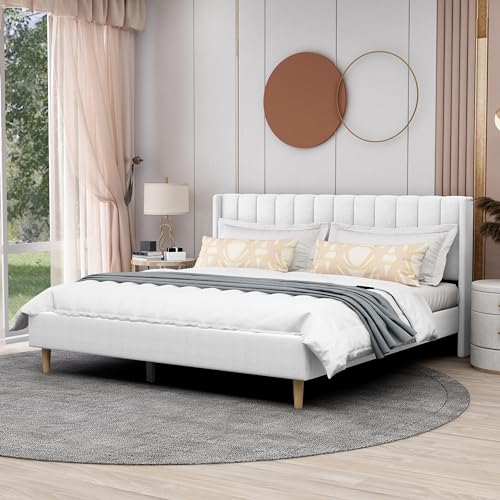 Image of AGARTT Upholstered Platform Bed Frame King Size, White Linen