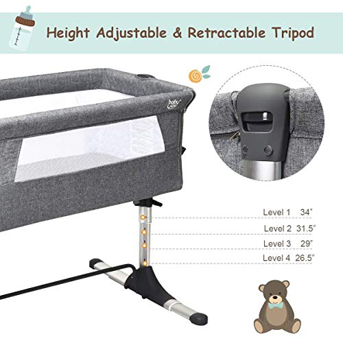 Baby Joy Bedside Bassinet, Co Sleeper Portable Crib W/Travel Bag, Detachable & Washable Mattress, Breathable Mesh, Newborn Infant Baby Bed, Height & Angle Adjustable, Bassinet Bedside Sleeper (Grey) #TOP2