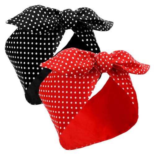 Image of Homiladi Polka Dot Headbands | 2Pcs Lovely Dot Head Scarf Headband | Retro Style Bow Boho Twisted Bunny Ear Bandana Scarf Set for Girls Women Clothing Hair Accessories(Black, Red)