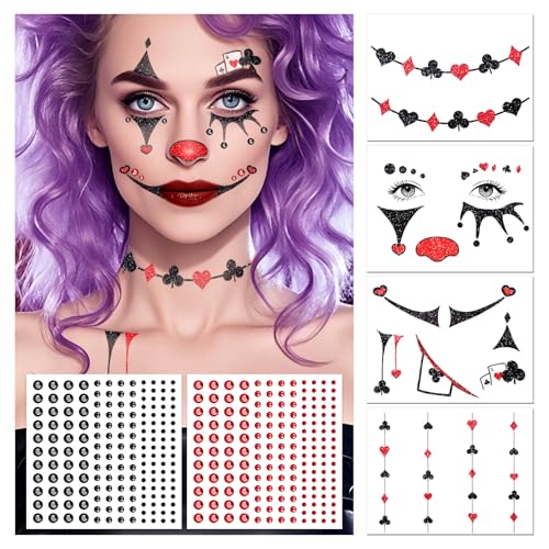 Cerlaza Halloween Decorations, Clown Face Makeup Temporary Tattoos+Black Red Faces Gems, Glitter Clown Face Paint Kit Halloween Costumes Rave Party Favors, Festival Cosplay Outfits Accessories