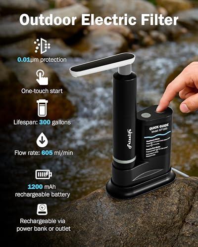 Image of Frizzlife Electric Camping Water Filter & Purifier, One-Touch Portable Water Filter for Hiking, Backpacking & Emergency, Fast-Flow 0.01μm Filtration with Rechargeable USB-C Pump, 3 Pre-Filters, EF1200
