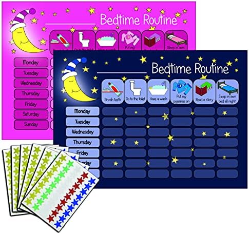 kids2learn Children's Bedtime Routine Chart Reward Chart for Sleep Training Twin Pack (Dark Blue & Pink) for boys girls toddlers With 270 Star Reward Stickers Included
