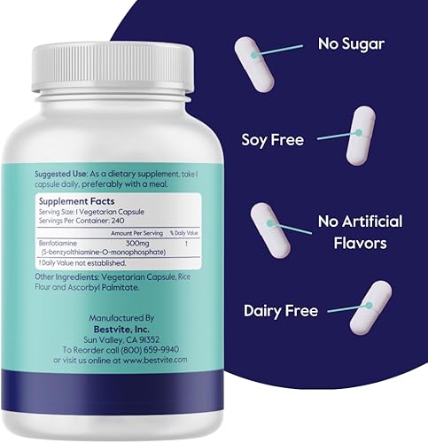 Miniatura 3 de BESTVITE Benfotiamina 300 mg (240 cápsulas vegetarianas) sin estearatos - sin dióxido de silicio - vegano - sin OMG - Sin gluten