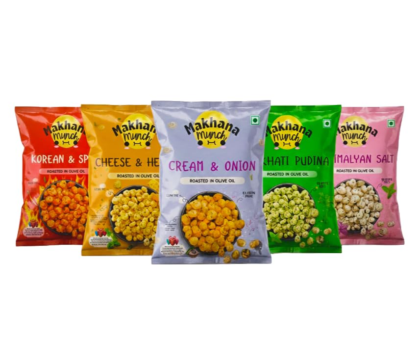 Image of Makhana Munch Roasted Makhana, Variety Pack, Cheese & Herbs, Korean Hot & Spicy, Natkhati Pudina, Himalayan Salt, Cream & Onion, Gluten Free, Low Fat (14g each) (Pack of 5)