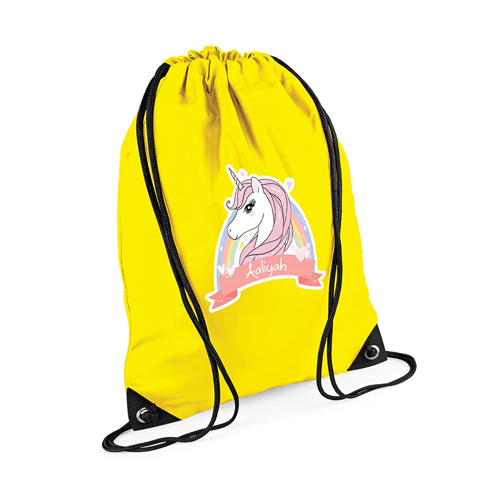 Personalised Floral Unicorn Magically Stars ANY NAME Funny Kids Birthday Gift Back To School Drawstring Bag, PE Gym Kit, Swimming Rucksack. (Yellow)
