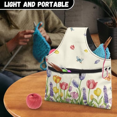 Image of KUIFORTI Floral Knitting Yarn Bag, Yarn Bags for Crocheting on The Go Crochet Organizer Storage Bag, Yarn Tote for Crochet Accessories, Knitting Needles, Fit for Women Girls at Home Travel, Large Size