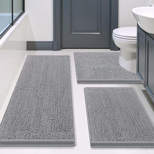 Image of Smiry Bathroom Rugs Sets 3 Piece, Soft Absorbent Chenille Bath Mat and U-Shaped Contour Toilet Rug, Machine Wash Dry Bath Mat Sets for Bathroom Tub and Floor (47 inchx20 inch+24 inchx16 inch+24 inchx20 inch, Grey)