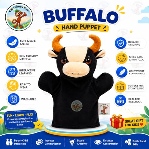 Image of Buffalo Hand Puppet for Kids | Soft Plush Animal Puppet | Educational Storytelling Toy | Interactive Role Play | Preschool Learning | Gift for Boys & Girls