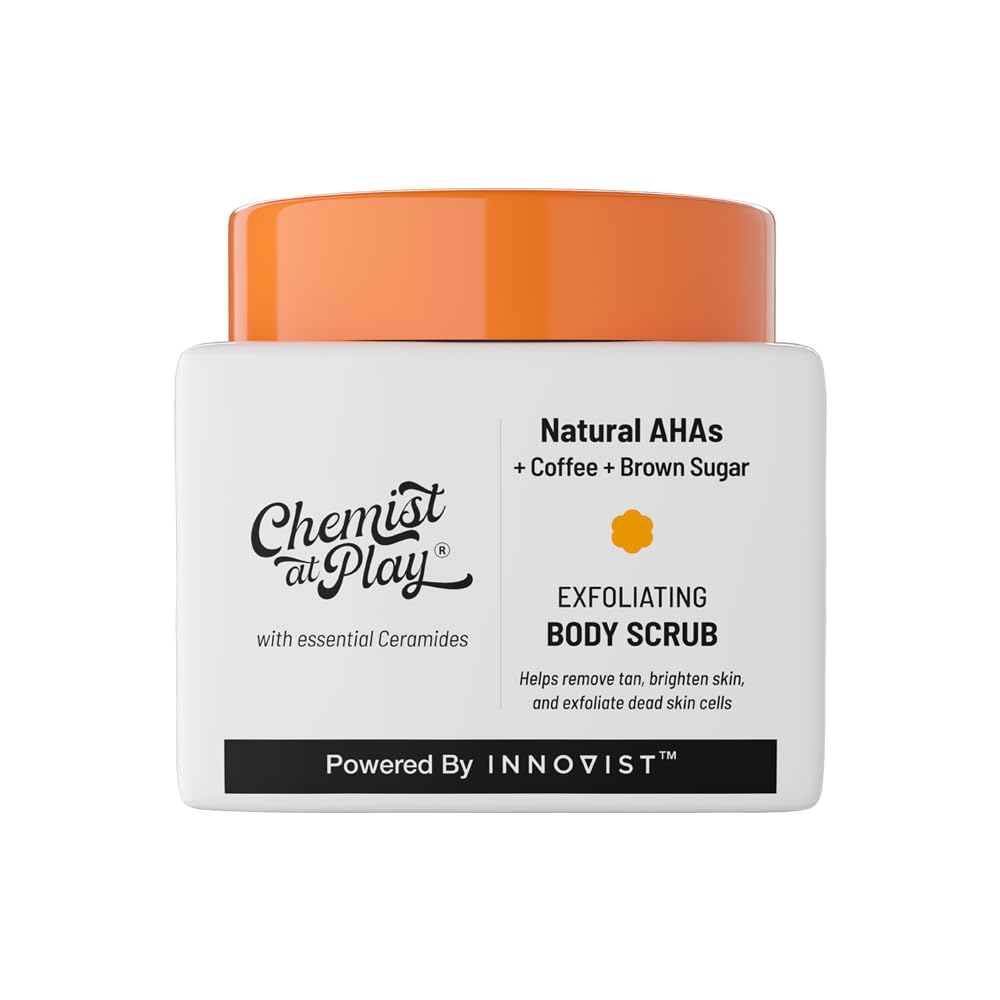 Chemist at Play Exfoliating Body Scrub For Removing Tan & Dead Skin Cells | Rough & Bumpy Skin, Tanned & Pigmented Skin | For Smooth, Soft & Bright Skin | Natural AHAs | Coffee | For Men & Women | 75g