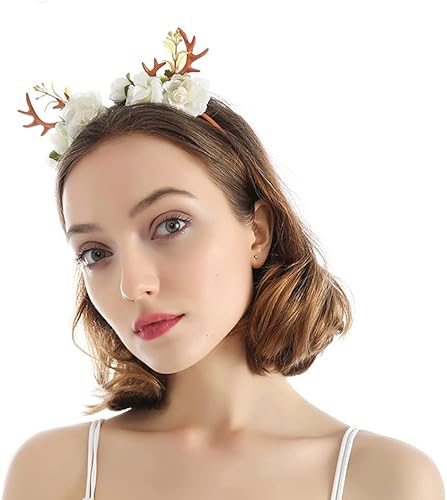 Miniatura 6 de Wiwpar Diadema con cuernos para el cabello, aro de corona de flores, diadema floral, diadema para festivales de Navidad, lindos ciervos, accesorios
