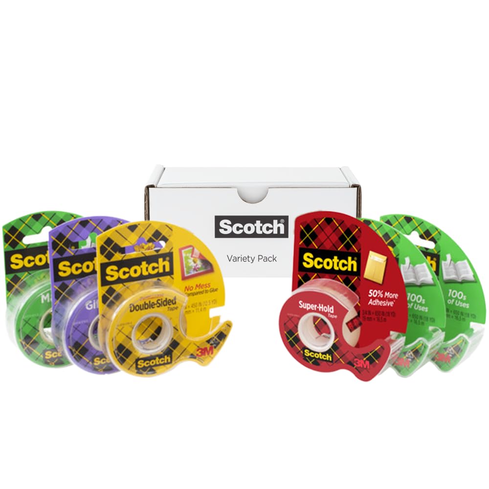 Scotch Variety Pack Tape, Assorted Sizes Including Magic Tape, Double-Sided Tape, Gift-Wrap Tape, and Super-Hold Tape, 6 Rolls Total