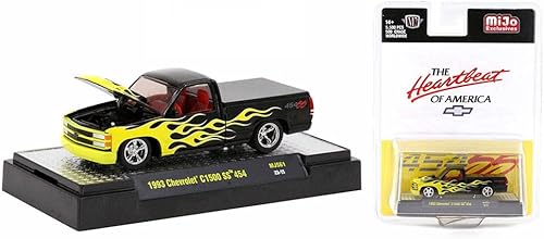 Miniatura 1 de M2 1993 Chevy C1500 SS 454 Pickup Truck Negro con llamas amarillas e interior rojo The Heartbeat of America Edición limitada a 5500 piezas en todo