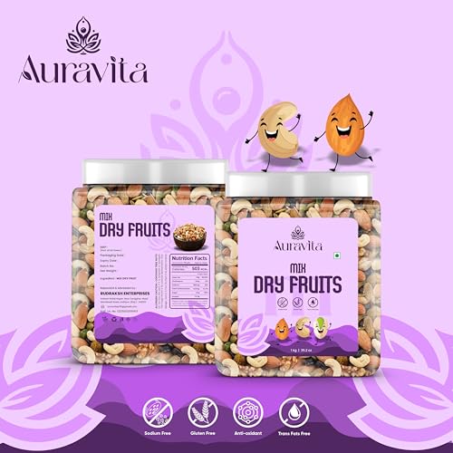 Image of Auravita Mix Dry Fruit 1 KG | Healthy Mixed Nuts and Seed with Almonds, Cashews, Dates, Pumpkin Seeds, Candied Amla | Reusable Jar Pack