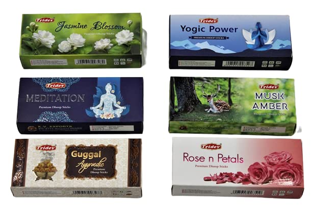 Tridev Ideal for puja Premium Dhoop Stick with Stand Fragrance of [ Jasmine Blosson Yogic Power Medatation Musk Amber Guggal Rose N Petals] Pack of 6-image-18